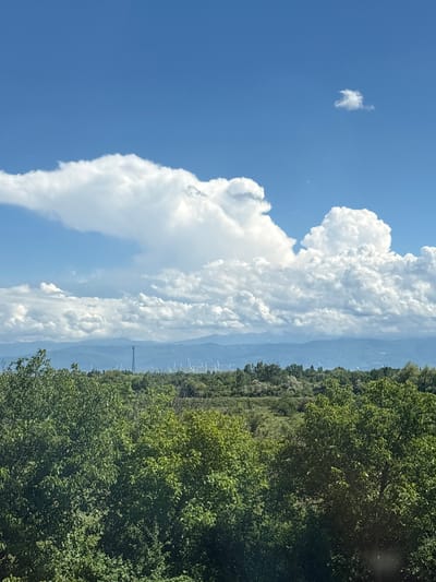 The image shows a landscape scene with a clear blue sky filled with white, fluffy clouds. In the distance, there are mountains layered in varying shades of blue. In the foreground, there is a dense line of green trees, with a few taller trees in the center. Scattered throughout the middle ground are wind turbines and a tall tower, suggesting an open, rural or semi-rural environment. The lighting indicates it is daytime, likely sunny. There are no people or any discernable actions or interactions depicted in the image. The scene is serene and natural, with man-made elements integrated into the landscape.