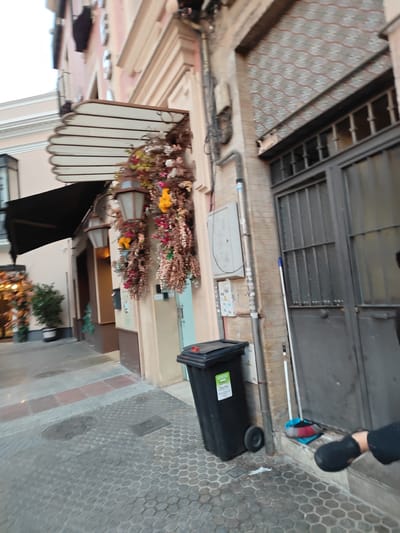 The image depicts a narrow street scene in Seville, Spain, characterized by its cobblestone pavement and the architecture of the buildings lining the street. On the right side of the image, a large, dark gray metal double door with vertical bars is prominent, indicating a building entrance. To the left of the door, a tall, black trash bin with wheels is positioned on the sidewalk. A broom with red and blue bristles leans against the wall next to the bin. Above the bin, a light-colored electrical box is mounted on the brick wall, and a vertical pipe runs alongside it. Further to the left, an awning extends over an entrance, adorned with hanging floral decorations, including what appear to be artificial flowers and leaves in shades of pink, red, yellow, and beige. Two antique-style lanterns hang from the awning. The building facades are painted in neutral tones. The lighting suggests it might be late afternoon or early evening. The ground is paved with hexagonal cobblestones, with some sections featuring a different pattern. A partial view of a person's legs and feet wearing black socks is visible in the lower right corner, suggesting they are standing or sitting near the door.