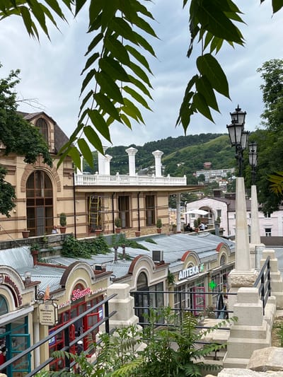 The image captures a view of the resort town of Kislovodsk, Russia, specifically focusing on a street with shops and a building in the background. In the foreground, large green leaves hang from tree branches, partially obscuring the scene.
The midground features a street lined with small shops, some with red awnings and signs in Cyrillic. One prominent sign reads "АПТЕКА" (Apteka), indicating a pharmacy, which has a green cross symbol displayed. Another shop sign appears to say "ЭХОВАР" and "ЗДОРОВАЯ ФАБРИКА". People are visible inside and in front of these shops. A metal railing runs along the edge of a walkway above the shops.
Behind the shops, a large building with a beige facade and arched windows is visible. This building has a balcony with white balustrades and pillars. Further in the background, a hillside is covered with lush green trees and a scattering of buildings, suggesting a town built into the natural landscape. The sky is overcast. The overall impression is a lively street scene in a resort town.