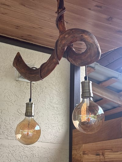 The image shows a lamp fixture. The fixture is constructed from a twisted branch with two light bulbs attached. The light bulbs are vintage-style with visible filaments. The lamp is mounted on a wall with a textured surface. The background includes wooden paneling and other architectural elements. The image appears to be taken indoors. The location is Lahojsk selsaviet, Belarus.