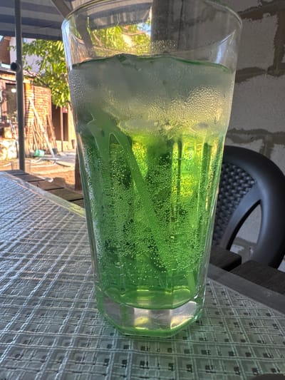 A tall, clear glass filled with a bright green, carbonated beverage sits on a table. The drink is effervescent, with many small bubbles rising to the surface and forming a frothy layer of foam on the left side of the glass. Condensation covers the exterior of the glass, indicating it is cold. Inside the glass, a light green straw is visible, submerged in the drink. The glass is oriented vertically, taking up most of the frame.

The background suggests an outdoor setting. To the left and slightly behind the glass, blurred foliage and hints of brick buildings are visible, suggesting a garden or courtyard. In the upper background, a dark, curved object, possibly a chair back or part of furniture, is visible against a textured, grayish wall. To the right of the glass, the surface of the table is covered in a patterned cloth with a grid-like design in muted green and beige tones. The lighting suggests it is daytime, with sunlight illuminating the scene and creating reflections on the glass. The overall impression is of a refreshing drink being enjoyed outdoors on a sunny day. No people are visible in the frame.