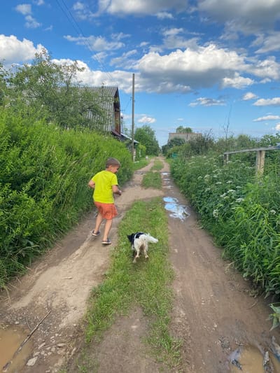 In Novyi Ural, Russia, on a sunny day with scattered clouds, a young boy in a neon yellow t-shirt and orange shorts is walking along a dirt road, followed by a black and white dog. The road is lined with lush green vegetation, including tall grass and trees. Several puddles are visible on the road, indicating recent rain. In the background, there are simple wooden fences and houses with corrugated roofs. The scene depicts a rural or semi-rural setting.