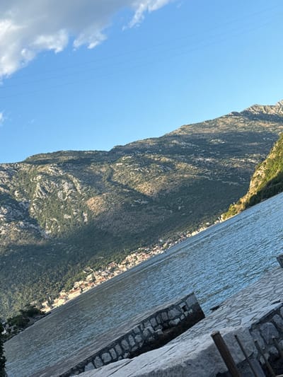 The image depicts a panoramic view of the Bay of Kotor from the vicinity of Lepetane, Montenegro. In the foreground, a stone-paved embankment with several large, flat stones stretches diagonally across the frame. The water, a vibrant blue, ripples gently, reflecting the clear sky. Beyond the water, a coastal town with red-tiled roofs and white buildings is nestled along the shoreline. This town is situated at the base of a large, verdant mountain that dominates the background. The mountain's slopes are covered in dense green foliage and rocky outcrops, with shadows cast by the sunlight creating a textured appearance. The sky above is a clear blue, punctuated by a few scattered white clouds. Power lines are faintly visible in the upper portion of the sky. The overall scene suggests a tranquil, Mediterranean coastal landscape bathed in daylight.