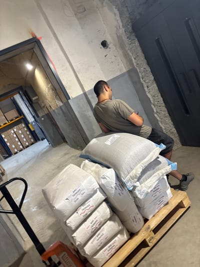 A person is lying down amidst several large sacks of what appears to be grain or flour. The sacks are white with some text printed on them, some of which is legible. The person is wearing a t-shirt and shorts. The scene appears to be a warehouse or storage area, with shelves of boxes visible in the background. A pallet is also present, loaded with more sacks. An orange pallet jack is visible in the foreground. The lighting suggests it could be indoors during daylight hours. The text on the sacks includes "БИО ТАПИОКА" and dates such as "25/05" and "22/06". The presence of "Dupnitsa, Bulgaria" as location context is noted, but not visible in the image. The overall impression is one of a person taking a rest in a storage facility surrounded by products.
