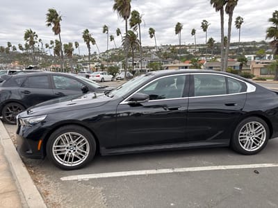 A black BMW sedan is parked in a parking lot. The car is positioned close to the curb on the left side of the frame. In the background, a line of palm trees is visible, extending towards a hill with houses. Other parked cars are also present in the background, near the horizon. The sky above is overcast, suggesting a cloudy day.