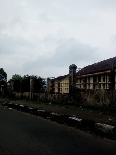 This image depicts a street scene in Houaythat, Laos, under an overcast sky. In the foreground, an asphalt road with visible cracking is present, bordered by a curb constructed from concrete blocks painted in alternating black and white segments. Behind the curb, a low concrete wall supports a metal fence, characterized by vertical concrete posts with pointed caps and horizontal metal grid sections topped with a wire deterrent. The concrete elements of the fence show signs of discoloration and staining. Behind the fence, dense green foliage is visible to the left. To the right, a multi-story building with a reddish-brown pitched roof and a light-colored facade with numerous rectangular windows is partially obscured by the fence. No individuals or active interactions are observed.