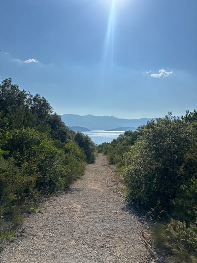 The image depicts a sun-drenched path leading towards a shimmering body of water, likely the Adriatic Sea, with layered mountains visible in the distance. The path is covered in gravel and flanked by dense green foliage on either side. The sky is a clear, bright blue with a few wispy clouds and a strong sunbeam creating a lens flare effect. The scene is set in a natural, outdoor environment. This location is consistent with the scenic coastal areas surrounding Lastva Grbaljska, Montenegro, known for its Mediterranean vegetation and coastal views. No people or specific structures are visible in the image.