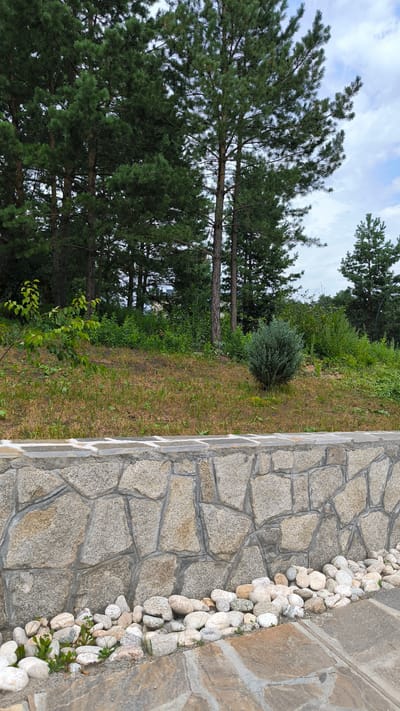 The image depicts an outdoor scene with a stone retaining wall in the foreground. The wall is constructed from irregularly shaped, flat stones of varying sizes, mortared together. In front of the wall, a collection of smooth, rounded pebbles of different colors and sizes are arranged. A path made of large, flat flagstones is visible to the right, partially obscured by the pebbles.

Behind the retaining wall, a grassy slope rises, dotted with sparse vegetation and some drier, brown patches of grass. A small, dense evergreen shrub is positioned on the slope. Further up the slope and in the background, a dense forest of tall pine trees dominates the scene, with their green needles creating a thick canopy. The sky above is partly cloudy.

The scene is located in the city of Turgoyak, Russia, characterized by its natural landscape and the presence of pine forests, common to the region. There are no people or animals visible in the image. The overall impression is of a well-maintained garden area bordering a natural forested landscape.