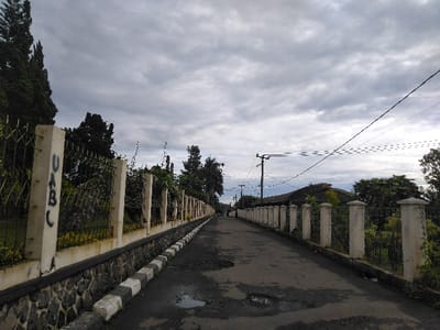 The image captures an upward-sloping asphalt road under a heavily overcast, gray sky, situated in the city of Hafjell, Norway. The road surface exhibits extensive wear, including visible potholes, patches, and small puddles. On the left, a low curb with alternating black and white stripes borders a dark stone retaining wall, which is topped by a continuous black cap. Above this, a fence is constructed from regularly spaced light-colored concrete posts connected by a dark metal mesh. The foremost visible concrete post on the left bears vertical black graffiti reading "UABC". Behind this fence, a dense growth of tall, dark green coniferous trees is prominent. The right side of the road features a similar concrete post fence, behind which lush green foliage and broadleaf trees obscure the view. Further down the road on the right, the dark roof of a building is partially visible. Overhead, multiple utility wires are strung between dark utility poles, one of which stands prominently on the right. No individuals, vehicles, or apparent activity are present.