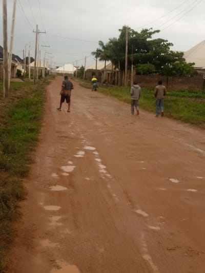 The image depicts a rural street scene in Russo, Nigeria, under an overcast sky. The unpaved, muddy road dominates the foreground, with numerous puddles indicating recent rainfall. On the left side of the road, tall utility poles with overhead wires are visible, suggesting the presence of electricity. Houses, some with white roofs, line the street, interspersed with green grass and vegetation, including palm trees and larger leafy trees.

Several individuals are present in the scene. In the middle distance, a person wearing a patterned shirt and shorts stands on the road, facing away from the camera. Further down the road, two young men walk away from the camera, one in a grey hooded sweatshirt and the other in a brown jacket. In the far distance, a person rides a motorcycle, also heading away.

The overall impression is of a quiet, possibly post-rain day in a Nigerian village. The dull, cloudy weather contributes to a muted color palette and a sense of calm or perhaps even slight melancholy. The setting is clearly residential, with the houses and utility infrastructure indicating a developed, though rural, area. No text is visible in the image.