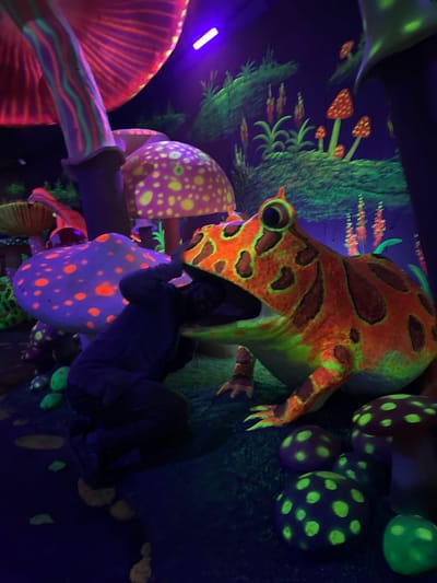 The image shows a person posing inside a blacklight miniature golf course in Binh Lu, Vietnam. The environment is decorated with large, brightly colored, fluorescent mushroom and frog sculptures. A person is positioned inside the mouth of a giant frog sculpture. Additional props include smaller mushroom sculptures and wall paintings. The lighting is predominantly blacklight, causing the fluorescent elements to glow intensely.