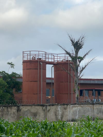The image depicts an industrial scene in Karmajiji, Nigeria, under a cloudy sky. In the foreground, a lush field of green crops, likely maize, dominates the lower portion of the frame. Behind the crops, a concrete wall with barbed wire fencing runs horizontally across the scene, marking a boundary. Beyond the wall, two large, rusty red cylindrical storage tanks stand prominently, connected by a metal walkway. Adjacent to the tanks is a brick building with several windows. A solitary, bare tree with sparse branches stands in front of the tanks and building, partially obscuring them. The overall atmosphere is overcast, contributing to a muted color palette. No people are visible in the image.