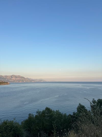 The image captures a tranquil seascape from a high vantage point overlooking the Adriatic Sea. The foreground is dominated by dense, dark green foliage, suggesting a hilly or coastal terrain covered in thick vegetation. The sea itself is a deep, calm blue, with subtle ripples indicating a gentle breeze. In the middle ground, a chain of rugged, mountainous islands or a coastal landmass stretches across the horizon, their peaks appearing muted and softened by distance and a light haze. Some scattered buildings are visible on the slopes of these distant mountains. The sky is a clear, pale blue, transitioning to a softer, peachy hue near the horizon, indicative of either early morning or late evening light. A faint, pale disc, likely the moon, is visible in the upper part of the sky, further suggesting the twilight hours. The overall scene is serene and natural, with no people or immediate human activity apparent, conveying a sense of peaceful solitude within the Montenegrin landscape.