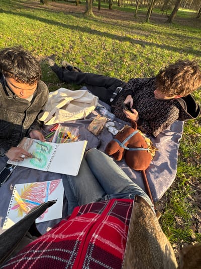 The image depicts an outdoor leisure scene in the city of Saint-Mandé, France, featuring three individuals on a sunny day. Two individuals are positioned on a patterned grey blanket laid over a grassy area interspersed with dry leaves and illuminated by strong, low-angle sunlight, casting visible shadows.
On the left, a person with dark, curly hair, wearing a dark jacket, is seated and actively coloring in a spiral-bound sketchbook with a green crayon, depicting a landscape of green hills. A silver ring is visible on their right hand. On the right, a person with lighter, curly hair, dressed in a dark hooded jacket with a repeating pattern, is lying partially reclined, operating a smartphone with both hands. Their legs are extended, clad in dark pants and dark boots featuring a silver buckle on one.
Between these two, on the blanket, are several items: a light beige canvas tote bag, a partially full plastic Evian water bottle, two small brown paper bags (one crumpled), and several white crumpled tissues or wrappers. A transparent container filled with assorted colored crayons or pencils is also present. A second spiral-bound sketchbook, located below the one being actively colored, displays a vibrant drawing of an abstract animal head in red, yellow, and blue hues. A brown stuffed hobby horse with a blue bridle rests on the blanket near the person on the right.
In the immediate foreground, the legs of a third individual are partially visible, wearing blue jeans and a red plaid zipped jacket, suggesting a seated position or the perspective of the photographer. The background consists of a sparse woodland area with slender tree trunks and green grass, indicating a park or wooded recreational space.