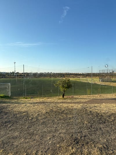 This image, taken in La Venta, Mexico, depicts an outdoor sports complex under a clear blue sky. The foreground is composed of dry, light brown and gray soil with scattered patches of straw-colored dead grass. A metal chain-link fence, topped with a white sports net across a significant portion, horizontally bisects the midground, acting as a barrier for the sports facility. Behind this fence, a verdant green sports field is visible. On the far left of the field, a soccer goal with a white net stands. Centrally, directly behind the fence, a small, leafy green tree with a dark trunk is rooted. Further back on the field, additional sports equipment, including another soccer goal, can be faintly discerned. A tall, white telecommunications tower rises on the left horizon, beyond the immediate field, against a backdrop of distant, faint buildings and vegetation. The sky is bright blue with a few wispy white clouds and a noticeable circular lens flare artifact in the upper right quadrant. No individuals or active events are present within the scene.