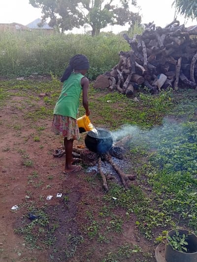 This image, located in Ugwolawo, Nigeria, depicts an outdoor cooking scene. A single individual, appearing as a young female, is shown from behind, facing left. She wears a dark head covering, a green sleeveless top, a multi-colored floral skirt, and light-colored sandals. She is actively pouring a liquid from a yellow plastic jerry can into a black, round-bottomed cooking pot. The pot is positioned directly over an open fire, which generates visible smoke and is fueled by several wooden branches resting on the reddish-brown earth. White ash is present beneath the pot, indicating active combustion. The immediate ground surface is composed of reddish-brown soil with sparse patches of green grass and scattered debris, including white wrappers. To the right of the cooking area, a substantial, irregularly stacked pile of cut firewood logs is visible. The background features dense green vegetation, with distant structures exhibiting light-colored roofs and a large deciduous tree under natural daylight.