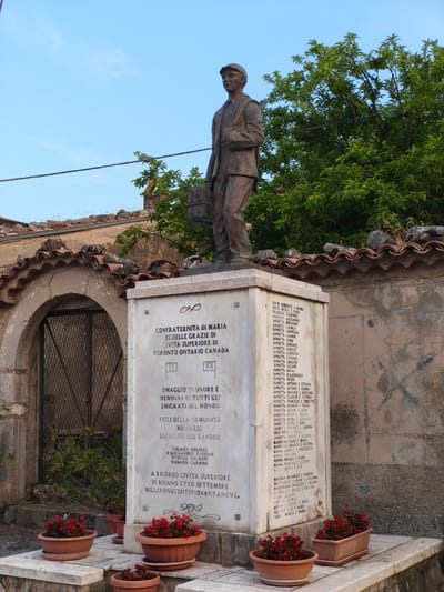 The image depicts a war memorial located in the city of Bojano, Italy. Atop the memorial stands a bronze statue of a man wearing a hat and suit, carrying a satchel. The memorial itself is a stone pedestal inscribed with names and text. The inscriptions are in Italian and include phrases like "CONFRATERNITA DI MARIA SS. DELLE GRAZIE DI CIVITA SUPERIORE DI TORONTO ONTARIO CANADA" and "OMAGGIO IN ONORE E MEMORIA DI TUTTI GLI EMIGRATI DEL MONDO". Below these, a section reads "FIGLI DELLA COMUNITÀ BOIANESE DECEDUTI SUL LAVORO," followed by a list of names and "A RICORDO CIVITA SUPERIORE DI BOIANO OTTO SETTEMBRE MILLENOVECENTOVANTOVE". The memorial is situated outdoors with a clear blue sky and lush green trees in the background. Several potted plants with red flowers are placed at the base of the memorial. To the left of the memorial, there is an arched doorway with a metal grate. The overall scene is solemn and commemorative.