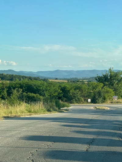This is a landscape image taken from a moving vehicle, likely a car, looking out at a rural scene. The photograph is oriented vertically, with the road and its shadow-lined surface occupying the right side of the frame. The road appears to be asphalt and shows some signs of wear and cracking. To the left of the road, there is a grassy verge with tall dry grass. Further to the left, a dense line of green trees and vegetation runs parallel to the road, creating a natural border.
Beyond the immediate roadside foliage, a layered panorama of mountains stretches into the distance. These mountains appear hazy and are a muted blue-grey, suggesting they are far away. The sky above is a clear, bright blue with a few wispy white clouds, particularly on the right side of the frame. The sunlight casts long, distinct shadows across the road from an unseen object to the left, indicating that the sun is relatively low in the sky, suggesting either early morning or late afternoon.
There are a couple of signs visible near the road and amongst the trees. One signpost on the right side of the road displays multiple directional arrows with text, though the text is too small and blurry to be legible. Below this, a smaller white sign with a black symbol, possibly a number or an icon, is also present.
The overall impression is one of a peaceful, natural landscape on a sunny day, possibly in a rural area of Prisovo, Bulgaria, as indicated by the location context. The composition, with the road leading the eye into the distance towards the mountains, creates a sense of journey and open space.