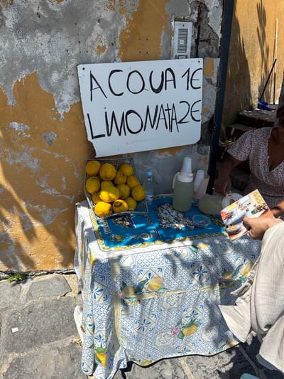 The image shows a street vendor in Naples, Italy, selling lemonade. A white sign with black lettering reads "ACQUA 1€ LIMONATA 2€". Piles of lemons are in a wire basket next to the sign. Behind the lemons, on a table covered with a blue and white patterned cloth featuring lemons, are two bottles of lemonade, a plastic cup, and a pamphlet. A person's hands are visible, preparing to pour lemonade from one of the bottles. The scene appears to be outdoors on a sunny day, with shadows indicating it might be late morning or afternoon. The ground is paved with stone and concrete, and the wall in the background is weathered. The overall impression is a casual, local street scene.