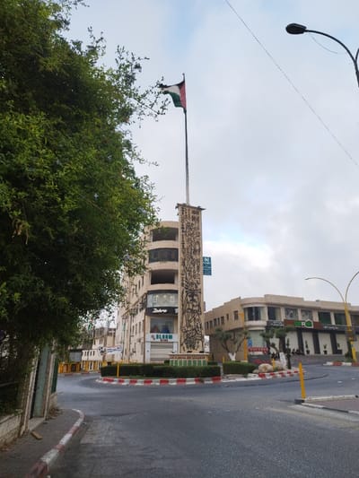 A street scene in Dura, Palestinian Territory, depicts a central roundabout under an overcast sky. At its core, a tall flagpole prominently displays a Palestinian flag, exhibiting wear and tearing along its edges. The flag's design includes horizontal stripes of black, white, and green, with a red triangle at the hoist. The flagpole's base is a rectangular monument with vertical, intricate carvings featuring abstract figures, faces, and what appear to be grapevines. The roundabout island is bordered by a red and white curb, landscaped with green hedges, small trees, and rocks.
Surrounding the asphalt roadway are buildings. To the left, a multi-story, light-colored building with a rounded facade houses ground-floor shops, including 'Zahra Boutique' and 'BLOOM kids'. A large, leafy green tree with small purplish flowers partially obscures this view. To the right, a lower, light-colored building with a curved corner features retail spaces, including a shop with a green sign and an 'Ooredoo' sign. Pruned trees are positioned in front of this structure. Overhead, utility wires and a streetlamp are visible against the cloudy sky. Yellow bollards mark the road's edge on the right, and a sidewalk with a red and white curb is present on the left. No individuals are visible.