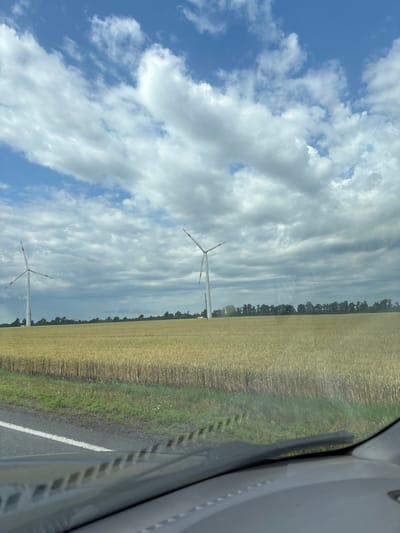 This image depicts a rural landscape under a partly cloudy sky, with no visible people. In the foreground, a portion of a car's dashboard and windshield is visible, suggesting the photo was taken from inside a vehicle. The car appears to be on a paved road with a white line marking its edge, bordering a field of golden crops, likely wheat, that stretches to the horizon.
Two wind turbines stand prominently in the middle ground, one on the left and another further to the right. These are tall, white structures with three blades each, the blades on the turbine to the left being slightly angled, while the blades on the right turbine are angled further. A line of trees forms a dark green border along the horizon, separating the field from the sky.
The sky is a mix of bright blue and large, fluffy white and gray clouds, with some sunbeams breaking through the clouds in the central-right area of the image. The overall impression is of a vast, open agricultural area, possibly experiencing varied weather conditions. The location in the city of Zarevo, Russia, is not visually evident from the image itself.