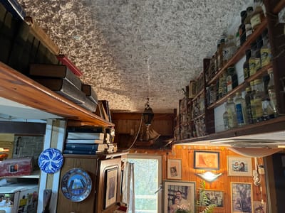 The scene depicts a densely furnished interior domestic space, located in Binyamina, Israel, viewed from a low, upward-angled perspective. The ceiling is light-colored and exhibits a heavily textured, irregular surface.

To the left, a wooden shelf holds a stack of multiple dark-bound books, with one red-bound book positioned on top. Below this, on another wooden surface, additional stacks of books with blue and white spines are visible. Two decorative plates are mounted on an adjacent wooden surface: one blue and white with a swirling pattern, and another depicting a cityscape with a prominent bridge over water. A partially visible refrigerator and other household items are in the lower left.

In the center, a decorative metal lantern-style light fixture hangs from the textured ceiling. Below it, a window offers a view of green foliage outside.

To the right, a multi-tiered wooden shelving unit is filled with an extensive collection of miniature liquor bottles of various brands and shapes, secured across the shelf fronts by thin wires. Below these shelves, a wooden-paneled wall is almost entirely covered with numerous framed photographs, predominantly depicting individuals and groups of people in family portraits. A wall-mounted light fixture with a triangular shade is centrally placed among these frames. A green potted plant is visible in the foreground.

The environment is characterized by extensive use of wood paneling and shelving. No live individuals are present; only their photographic representations are displayed. No actions or interactions are depicted.