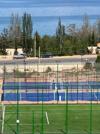 The image is an aerial view of a recreational facility with several courts and a body of water in the background. The scene appears to be set in a semi-arid environment, with dry, sandy soil between the courts and sparse vegetation. The courts are designed for different sports, with one section featuring bright blue surfaces marked with white lines, possibly for a racquet sport like padel or tennis, and another section covered in green turf, likely a soccer or multi-purpose field. Green metal fencing encloses the courts, with taller nets visible over some areas.

In the foreground, a dark green sedan is parked on a paved road that runs alongside the facility. Further down the road, a silver SUV is also visible. The road separates the recreational area from a body of water, which occupies the left side of the frame. The water's surface is a vibrant blue and shows patterns of ripples, suggesting it might be a lake or a large reservoir. Trees with bare branches and some with green foliage line the edge of the water, indicating a temperate climate during spring or early summer. The sky is clear and bright, suggesting it is daytime, likely mid-morning or afternoon given the quality of light. There is no visible text in the image. The overall impression is one of a recreational area developed near a natural water feature in a somewhat remote location.