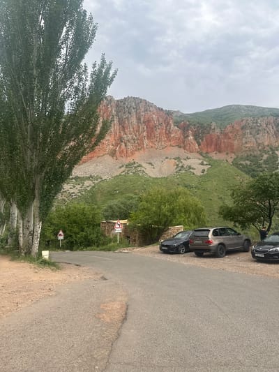 The image depicts a mountainous landscape in the vicinity of Amaghu, Armenia, under an overcast sky.
In the immediate foreground, a weathered asphalt road occupies the lower portion of the frame, showing signs of distress including potholes and uneven surfaces. To the left of the road, a dirt shoulder is visible, alongside a row of tall, slender trees with light-colored bark and dense green foliage. Several tree trunks exhibit visible markings or graffiti. A white rectangular marker post stands near the base of the leftmost trees.
Moving into the midground, the road appears to curve slightly to the right. Two triangular warning signs with red borders and white backgrounds are present on the right side of the road. The left sign displays a black upward-pointing arrow with a percentage symbol, indicating a steep gradient, and the Armenian text "8 անց" (8 units). The right sign shows a black winding arrow, indicating a series of curves, with the text "1.2 կմ" (1.2 km). Behind these signs, partially obscured by green foliage, a small stone structure with a yellowish roof is discernible.
Further to the right, adjacent to the road, three vehicles are parked on a gravel/dirt area. From left to right: a dark blue/black sedan with Armenian license plate "76 LU 076"; a beige/gold BMW X5 SUV (E53 generation) with Armenian license plate "77 EM 088"; and a dark grey/black sedan/hatchback with Armenian license plate "50 PP 044". A person, clad in dark attire, is visible standing near the rear of the rightmost parked vehicle, partially obscured by a tree.
The background is dominated by a dramatic mountainous terrain. Steep, reddish-brown rock cliffs and formations are prominent, showing exposed strata and rocky scree at their base. The lower and middle slopes of these mountains are covered in vibrant green vegetation and scattered rocks. In the far background, additional mountains, appearing softer and entirely green, rise under a uniformly grey, overcast sky. The overall light is diffuse, characteristic of cloudy conditions.