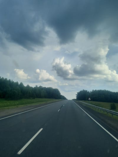 The image shows a straight, empty asphalt road, appearing to be a highway, receding into the distance. The road has white dashed lines marking the lanes. On the left side of the road, there is a green grassy shoulder followed by a dense line of dark green trees. On the right side of the road, there is a metal guardrail, a grassy area, and more trees. The sky is overcast with dark, heavy clouds, suggesting potential rain or a stormy day. A triangular road sign with a red border is visible on the right side of the road. The scene is devoid of any people or vehicles. The location is identified as Petrovka, Russia.