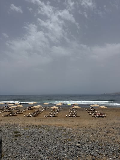 This is a media file depicting a beach scene in Arona, Spain. The image is oriented vertically. The foreground on the right is a beach covered in small, dark grey stones. To the left of the stones is a sandy beach where rows of empty lounge chairs and closed umbrellas are set up. Some of these chairs have people sitting in them, relaxing.
The middle ground is dominated by the ocean, with waves breaking along the shore. A few people are visible in the water, possibly swimming or surfing. Further out to sea, the water is a dark blue.
The background features a grey, overcast sky with scattered clouds. The lighting suggests it might be late afternoon or an overcast day. The overall mood is one of a relaxed beach day, despite the cloudy weather. There are no visible text elements in the image.