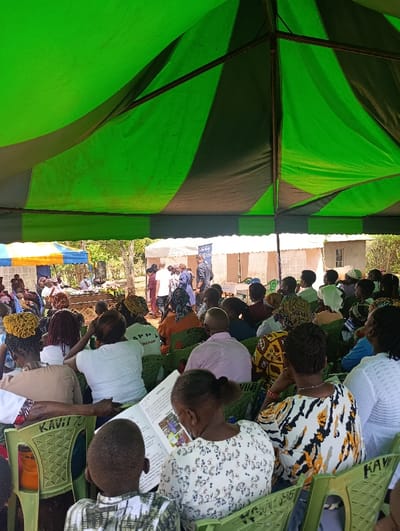An outdoor gathering is depicted under a large green and dark-striped tent in Muthetheni ward, Kenya. Approximately fifty individuals, primarily adults, are seated on green plastic chairs, many bearing the "KAVIT" brand, facing towards the background. A child in a patterned shirt is visible in the immediate foreground, with their back to the camera. In the mid-foreground, a woman in a floral top is actively reading a printed pamphlet or book.
In the mid-background, under a smaller white tent, a coffin covered with flowers is visible, serving as a focal point. Several individuals stand near the coffin, while others observe. A blue and yellow striped tent is partially visible to the left. A simple, light-colored building with a single window is in the far background, surrounded by dry vegetation and bare ground. The scene appears to be a funeral or memorial service, with attendees gathered under tents for shelter from the sun.
