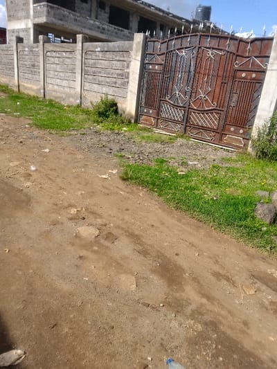 The scene is located in Njoro ward, Kenya. The foreground depicts an unpaved dirt road, reddish-brown in color, with scattered small stones, minor depressions, and debris including a partially visible clear plastic bottle with a blue cap and white plastic fragments. A strip of green grass borders the right edge of the road.
In the midground, a substantial, closed double metal gate stands prominently. The gate is heavily rusted, exhibiting a dark brown coloration, and features intricate white or silver decorative scrollwork and lattice patterns. To the immediate left of the gate, a grey precast concrete panel fence extends, composed of horizontal sections supported by vertical posts. The ground directly in front of the gate and fence is uneven, covered with dark gravel and sparse green vegetation, including a small bushy plant near the fence base.
The background reveals an unfinished multi-story building constructed from grey concrete blocks, positioned behind the fence. A black plastic water tank is visible on the building's roofline. The sky above is partly cloudy. No individuals, animals, or active interactions are present within the captured scene.
