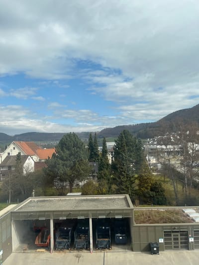 The image depicts an elevated view of a semi-rural to suburban landscape in Rietheim-Weilheim, Germany, under a partly cloudy sky. In the foreground, a modern, multi-bay structure, likely a waste management or recycling facility, occupies the lower third of the frame. This building features a flat roof, gravel-covered on the left section and green (possibly a living roof) with multiple skylights on the right section.
The left portion of the facility contains five open bays. The leftmost bay holds a large, orange-red open-top skip (dumpster) positioned on a wooden pallet, partially filled with mixed debris. Behind it, a dark-colored container or vehicle is visible. The subsequent four bays each contain a dark gray or black wheeled refuse compactor, with "ALBA" branding visible on some, indicating a waste collection service. One compactor is open, revealing contents. A small orange traffic cone stands near the front of these bays. The concrete ground in front of the bays shows dark stains.
To the right of the bays, another section of the building presents a facade with multiple dark-framed double doors and large window panels. Two black wheeled bins are positioned near this section, one marked with a prominent white "H" on a black square. Another "H" marker is affixed to the wall above the double doors. A cleaning implement, possibly a broom, leans against the wall. The building's perimeter features metal grates or panels.
The midground reveals a cluster of residential houses with varied roof colors, predominantly terracotta red and off-white, interspersed with numerous trees. Some trees are evergreen conifers, while others are deciduous and appear bare, suggesting late winter or early spring. A small, indistinct white figure or object is visible on a pole above the gravel roof section. A solar panel array is discernible on a roof further back in the midground.
The background consists of rolling hills or low mountains, heavily forested with predominantly deciduous trees showing a mix of bare branches and nascent foliage. Distant settlements or structures are visible along the valley against the base of the hills. The sky above is partially covered with white, scattered clouds, revealing patches of bright blue sky. No individuals are visible, and no active interactions or movements are depicted within the scene.