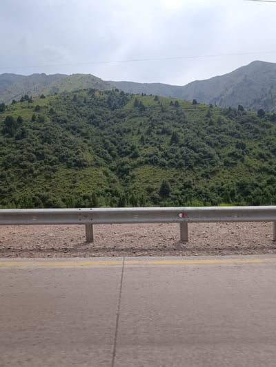 A wide shot captures a mountainous landscape with lush green vegetation covering the slopes under a hazy sky. In the foreground, a grey metal guardrail runs horizontally across the image, separating a gravel shoulder from a paved road. The road has a yellow line marking its edge. The guardrail is supported by metal posts, and a small red and white reflector is attached to one of them. The mountainous terrain is covered in a dense growth of trees and bushes, with some patches of lighter green indicating sparser vegetation. The sky is overcast with diffused light.