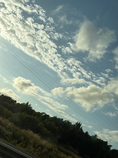 The image depicts a diagonal view of a cloudy sky above a tree-covered hillside and a roadside. Several parallel wires, likely power lines, are prominent in the sky. The foliage on the hillside is dense and appears to be a mix of trees and grasses. The lighting suggests it is daytime, possibly late afternoon given the angle of the sun. There are no people or discernible actions visible. The scene does not contain any specific landmarks or elements that would definitively place it in Oskarsberg, Sweden.