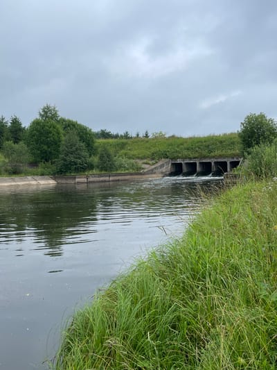 A concrete dam with multiple rectangular openings spans across a body of water. Water is flowing through several of these openings, creating a visible current. The dam is situated in a landscape with lush green grass and trees lining the banks. The sky is overcast, indicating a cloudy day. The scene is located in the vicinity of the city of Bereznik, Russia.