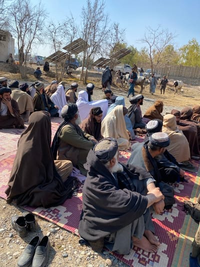 A group of men are praying on a woven mat outdoors. Most wear turbans and are lying prone. Bare trees stand nearby. A few people and animals, including cattle, are in the background along with parked vehicles. The ground is covered in pebbles and gravel. Several pairs of shoes are placed near the edge of the mat. The sky is clear and blue.