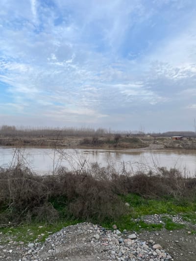 The scene depicts a wide, muddy-brown river under an overcast sky in the city of Maslahat, Uzbekistan. In the immediate foreground, a pile of assorted river stones and gravel is present on the lower left, transitioning into a strip of green grass and dense, leafless, thorny shrubbery that lines the near bank. The river occupies the midground, flowing horizontally across the frame. On the distant bank, a flat, earthy terrain is visible, bordered by a long line of tall, bare deciduous trees. A light-colored vehicle is discernible on the far bank to the left, near the tree line. Towards the center-right, an industrial-looking structure with a prominent arm extends from the terrain. Further to the right on the far bank, a small, reddish-brown building with a dark roof is situated on a raised area. The sky above is predominantly covered with scattered altocumulus and stratocumulus clouds, with some lighter blue patches visible. No individuals are present in the image.