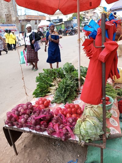 The image depicts a street market scene in Tala ward, Kenya, on an overcast day. In the foreground, a vendor stall is established on a metal-framed table covered with a green and white patterned cloth. The stall displays various produce: multiple bundles of red onions in purple mesh bags, piles of red tomatoes (some loose, some in red mesh bags), numerous bunches of green leafy vegetables (likely kale), and two light green heads of cabbage. A small green basket containing additional tomatoes is also present. To the right of the stall, a vertical metal pole holds stacks of new red and blue reusable shopping bags. A large red umbrella, partially branded "GOOGUTI," extends over the stall.

In the midground, on a paved street, two women walk from right to left. The first woman wears a white headscarf, a dark cardigan over a white and black polka-dot top, a plaid skirt, and carries a light green and white shopping bag along with a blue patterned shoulder bag. The second woman, following closely, wears a blue dress and a patterned headscarf, with a child or bundle secured to her back by a patterned cloth; her feet are bare. Additional individuals are visible further down the street, some in yellow outerwear.

The background features commercial buildings lining the street. A structure on the left displays a partially visible sign for "ZAIYOWI HARDWARE TALA." Further right, a building with "THUMAI LIQUOR" written on it is discernible. Numerous motorcycles are parked or moving along the street, alongside a utility vehicle. The environment suggests a busy commercial district.