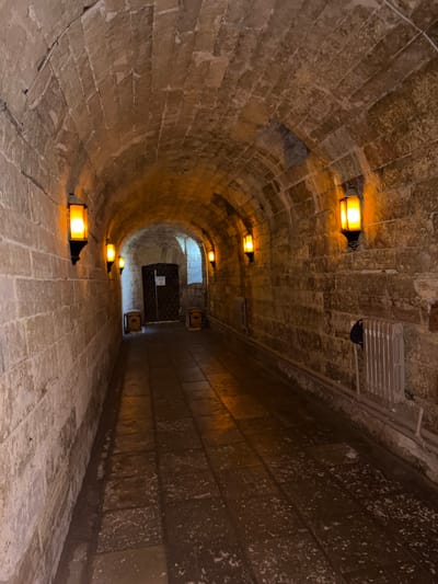 The image depicts a stone-arched corridor with brick walls and a tiled floor. Multiple wall-mounted lanterns with orange light illuminate the space. At the far end of the corridor, there is a large, dark wooden door. Two small wooden crates are placed on either side of the door. On the right wall, a radiator is visible. The corridor appears to be located in a historical building or underground structure. This corridor is part of the Gatchina Palace in Gatchina, Russia, specifically in the underground passages or service tunnels beneath the palace.