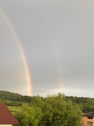 This image captures a landscape scene in Hanniv, Ukraine, dominated by a cloudy sky and a faint double rainbow. The foreground features the roof of a building on the left, constructed with dark red, overlapping tiles. To the right, another building with brick walls and a dark roof is partially visible. Dense, green foliage from trees fills the middle ground, obscuring much of the landscape. Beyond the trees, rolling hills covered in lush green forests stretch across the horizon. The sky is overcast with a pale gray hue, though the upper half of the image is lighter, suggesting the presence of a distant sun. The faint, pastel colors of a double rainbow arc through the sky, with the primary bow on the left being more prominent and the secondary bow on the right appearing weaker and further away. There are no people or animals visible in the scene, and no actions or interactions are depicted.