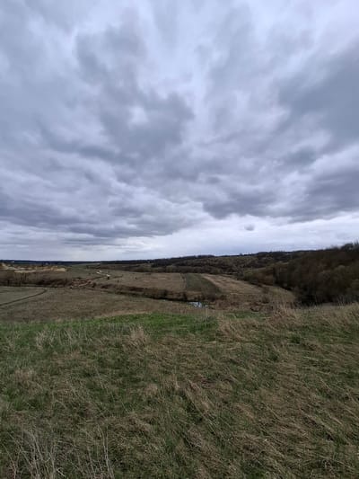 The image displays a wide, open rural landscape under a predominantly cloudy sky. The upper portion of the frame is dominated by a vast expanse of dense, textured grey clouds, suggesting an overcast day with muted light.

In the foreground and midground, the terrain consists of undulating fields covered primarily with dry, light brown grass, interspersed with patches of fresher, greener growth. This blend of vegetation indicates either an early spring awakening or the late autumn dormancy. A faint dirt track or path is visible winding through the fields in the middle distance. Towards the left horizon, a long, low hill or ridge stretches across the scene, covered densely with deciduous trees that appear to be bare or have very sparse foliage, consistent with a transitional season. A small, reflective puddle or narrow stream can be seen amidst the dried grasses in the midground.

No human activity or individuals are present in the scene. The time of day appears to be daytime, with the heavy cloud cover diffusing any direct sunlight. The overall atmosphere is quiet and vast, reflecting the natural character of the location, Yablonovo, Russia. There is no visible text in the image.