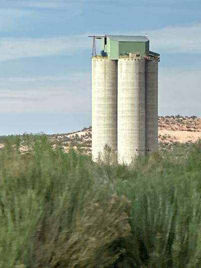 A tall, cylindrical concrete silo structure with a green metal roof is visible in the distance, rising above a landscape of green foliage and dry, hilly terrain. The silo appears to be made of at least two connected cylindrical sections. A small, light-colored building or structure is attached to the top of the silo, beneath the green roof. The sky above is a light blue with faint white clouds. The foreground is dominated by out-of-focus green vegetation. The overall impression is of an industrial structure situated in a natural, arid environment. The image is taken in Shonto, United States.