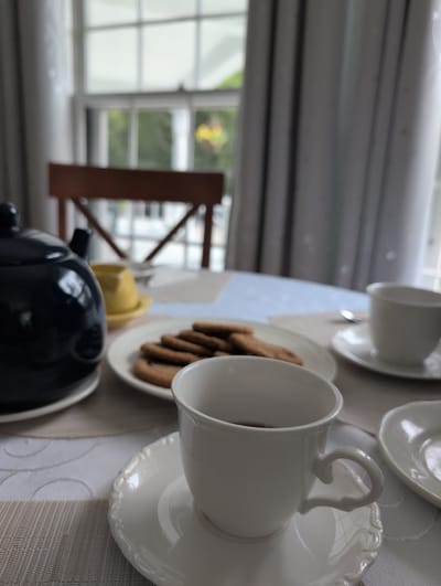 The image shows a table set with a tea service and cookies, likely in a dining room or breakfast nook. A dark blue teapot is on the left, next to a yellow saucer and a plate of cookies. In the foreground, a white teacup with a saucer sits ready for use. The scene is set against a backdrop of a window with a view of greenery, suggesting an outdoor setting visible through the window. The table is covered with a white tablecloth with decorative stitching. The overall atmosphere is one of domestic comfort, suitable for a relaxed tea time. The location is Campobello Parish, Canada.