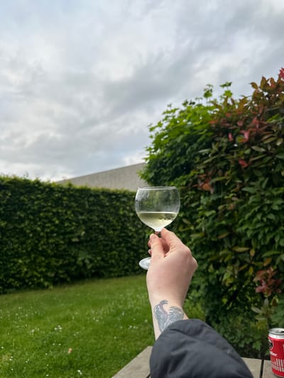 A person is holding a partially filled wine glass outside. The person has a tattoo on their left wrist. In the background are green bushes and a cloudy sky. A can of beer sits on a wooden surface. The location is likely in a garden or backyard in La Louvière, Belgium.