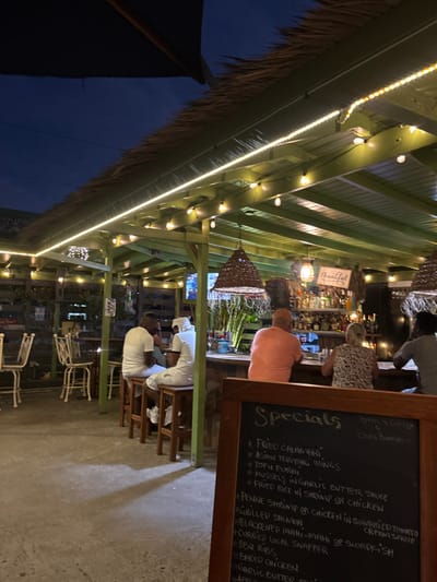 The image depicts an outdoor or semi-outdoor bar and restaurant scene at night, located in Spanish Town, British Virgin Islands. A thatch-roofed, green-painted wooden structure is illuminated by string lights and an LED strip outlining the roof's edge.
Six individuals are visible. On the left, two males are seated at a wooden bar, facing towards the right. The male closer to the camera wears a white t-shirt and shorts, while the male further back wears all-white attire, including a head covering. Both are seated on high wooden stools. To their right, four individuals are seated at the bar with their backs to the camera. One male in an orange/pink shirt and one female in a patterned top are clearly visible. Two more individuals are partially obscured to the far right.
The bar itself has a textured, possibly stone or concrete, facade. Behind the bar, shelves are stocked with numerous liquor bottles. Two large, woven-material pendant lamps hang from the ceiling. A sign displaying "thankful" is visible on the wall behind the bar. A blue-lit screen is visible in the upper background. To the far left, several empty white metal tables and chairs are arranged on a concrete floor.
In the foreground, a dark wooden-framed blackboard sign titled "Specials" lists menu items. The menu includes "Fried Calamari," "Asian Teriyaki Wings," "Tofu Furai," "Mussels in Garlic Butter Sauce," "Fried Rice w/ Shrimp or Chicken," "Penne Shrimp or Chicken in Sundried Tomato Cream Sauce," "Grilled Salmon," "Blackened Mahi-Mahi or Swordfish," "Curried Local Snapper," "BBQ Ribs," "Baked Chicken," and "Garlic Butter Shrimp." The text "BATH & THYME Chez Bambou" is handwritten near the top of the board. The sky above the structure is dark blue, indicating nighttime.