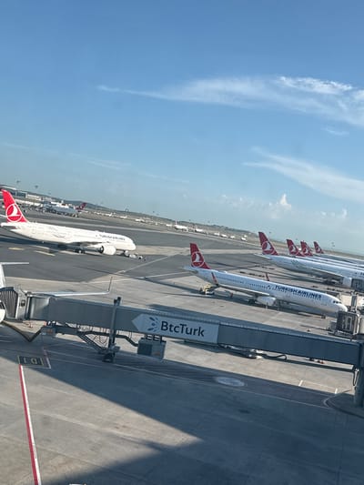 The image depicts a view of Istanbul Airport (IST) in Arnavutköy, Turkey, specifically the apron area with several Turkish Airlines aircraft parked at gates. The planes are primarily Airbus A320 family aircraft. A jet bridge with "BtcTurk" signage is attached to one of the aircraft. The weather is clear with a blue sky and some clouds. The apron is made of concrete and features painted markings.