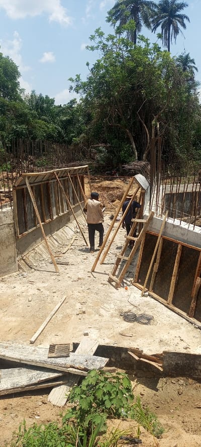 The image captures an outdoor construction scene under a bright, clear sky, set amidst lush green tropical vegetation.
In the foreground, the ground is covered with light brown earth and sand, scattered with various pieces of construction debris, including wooden planks, small concrete fragments, and bits of wire. A patch of green leafy vegetation grows in the lower left corner, with some wild grasses beside it. A few longer wooden planks are lying horizontally on the sandy ground.
The midground features an unfinished concrete structure, possibly a foundation, a channel, or part of a building's base. Concrete walls have been poured, and sections of wooden formwork are still in place or being assembled. On the left side, a long section of formwork, made of wooden frames and dark panels, is propped up by several diagonal wooden supports. Vertical metal reinforcing bars (rebar) protrude from the top of the concrete walls, particularly on the right side and in the background, indicating that more concrete work is planned. Near the right wall, there are two coiled bundles of wire on the ground, and several loose formwork panels are stacked or leaning.
Two men are visible in the midground, engaged in work. The man closer to the left stands with his back to the viewer, wearing a light-colored, possibly beige or light brown, long-sleeved shirt and dark trousers, topped with a dark cap. He appears to be holding a piece of paper or a clipboard, looking down, possibly reviewing plans or making notes. To his right, partially obscured by the formwork and the first man, another person is seen. They are wearing dark clothing and possibly a straw hat, positioned further into the concrete structure. A wooden ladder, or a similar wooden structure, leans against the formwork near this second individual.
The background is dominated by dense, tropical foliage. Various green trees and bushes fill the landscape, extending upwards. Several tall palm trees with distinct fronds are prominently visible, particularly on the right side of the image and further back on the left, rising above the surrounding greenery. Behind the construction area, piles of sandy earth are visible, suggesting recent excavation or earthmoving activities.
The sky, visible in the upper sections of the image through gaps in the tree canopy, is light blue with scattered white cumulus clouds, indicating a sunny day. The overall impression is one of active construction work taking place in a natural, possibly rural or semi-rural, environment. No discernible text is visible in the image.