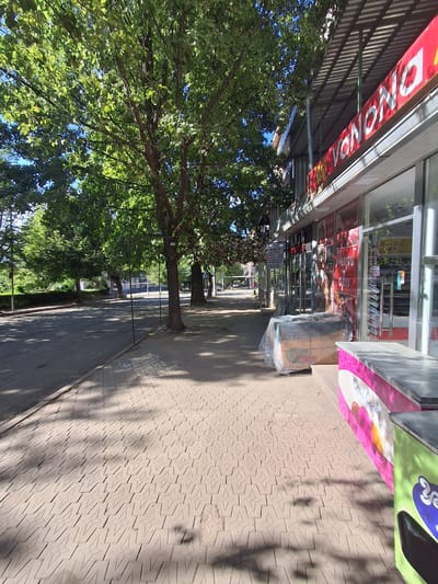 The image captures a street scene in Yeghegnadzor, Armenia, on a sunny day. A paved sidewalk, made of light-colored interlocking bricks with a geometric pattern, runs along the right side of the frame. Large trees with lush green foliage line the street, casting dappled shadows on the sidewalk and the asphalt road. On the right, a row of storefronts with large glass windows is visible, featuring red awnings and illuminated signage. One sign displays the text "VONONA" in large, white letters against a red background. In front of the shops, there are displays of merchandise, including boxes covered in plastic sheeting and colorful ice cream freezers. The road appears to be a two-lane street with parked cars visible in the distance. The overall impression is that of a typical urban commercial street in a well-lit environment.