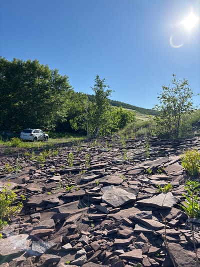 The image depicts a sun-drenched natural landscape with a steep, rocky incline dominating the right side of the frame. The rocks are a dark, reddish-brown, with sharp, angular facets, some appearing to be slate. Sparse green vegetation, including small plants and taller grasses, grows between the rocks and along the top of the incline.
To the left of the rocky slope, a narrow grassy path or road runs alongside a dense line of lush green trees. Beyond the trees, a gently sloping hillside covered in trees stretches into the distance under a clear, bright blue sky. In the middle ground, to the left of the path, a white SUV is parked. The vehicle appears to be a modern crossover or SUV with tinted windows.
The sun is high in the sky, casting strong shadows and creating a bright glare in the upper left quadrant of the image, where a faint halo effect is visible around the sun. This suggests it is midday on a clear, sunny day. The overall scene conveys a sense of an outdoor excursion or exploration in a rugged, natural environment. The presence of the car suggests human activity, likely related to recreation or travel. There is no visible text in the image.